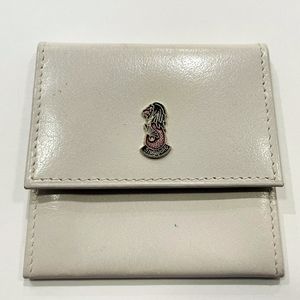 White Leather Coin Purse Made in Italy by Singapore Lion Logo Design Red Button